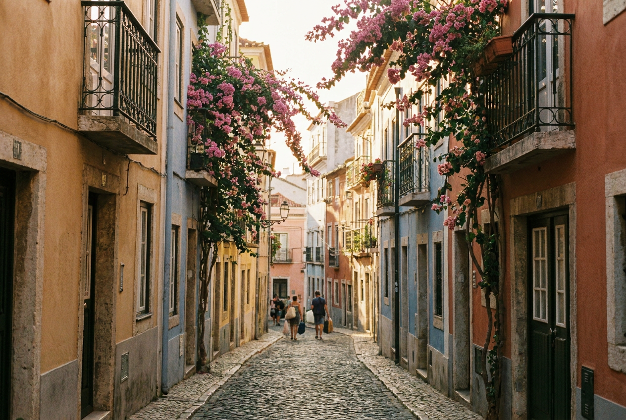 Narrow winding cobblestone street with colourful building facades and climbing flowers.