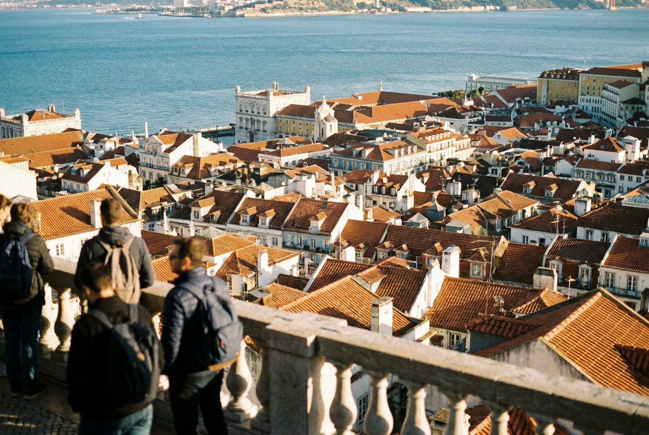 Elevated view across red tiled roofs towards the river in warm daylight.