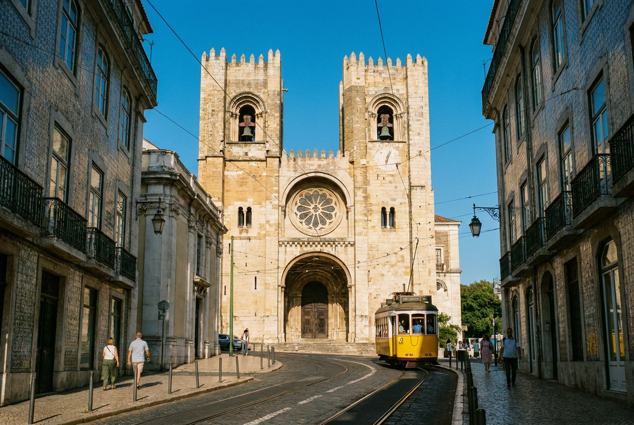 The twin stone bell towers of Lisbon Cathedral rise above a curving cobblestone street with tram tracks.