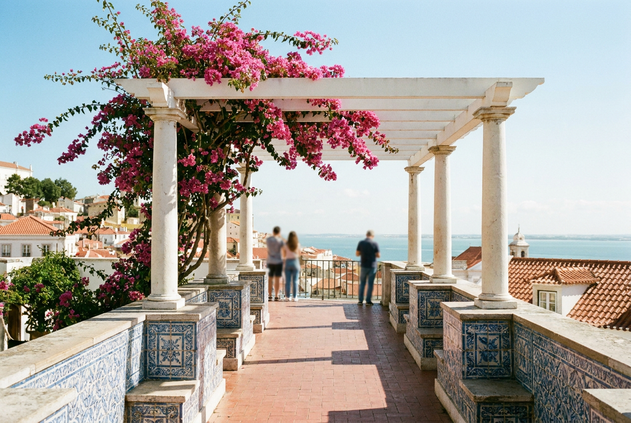 Pink bougainvillea flowers drape over the stone pergola of Miradouro de Santa Luzia above the Alfama district and the river.